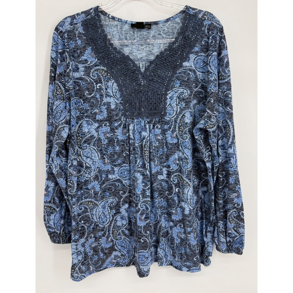 Erika Womens Sz 1X Blue Paisley Floral Crochet Lace V-Neck Long Sleeve Knit Top